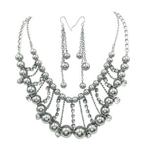 🔴 CLEARANCE- 2 Row Rhinestone Funky Bead Bib Necklace Set